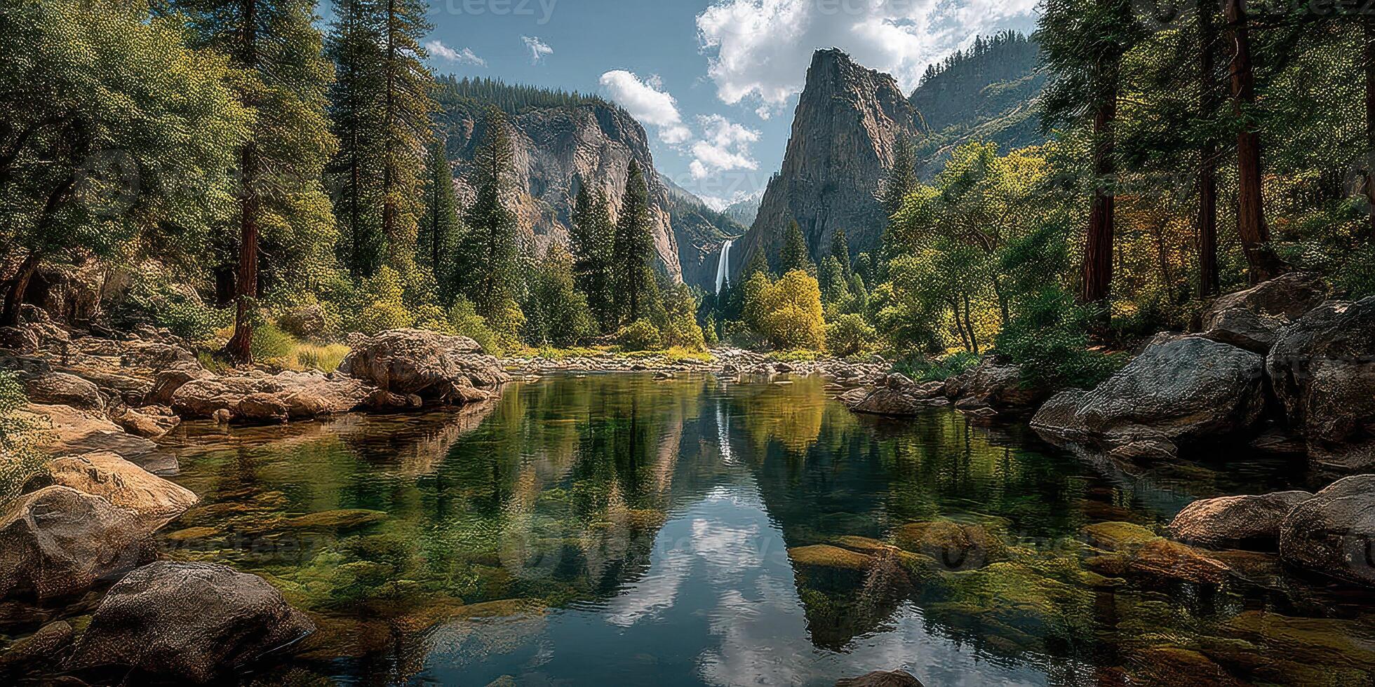 Scenic view of a forested valley with a waterfall reflecting in calm water photo