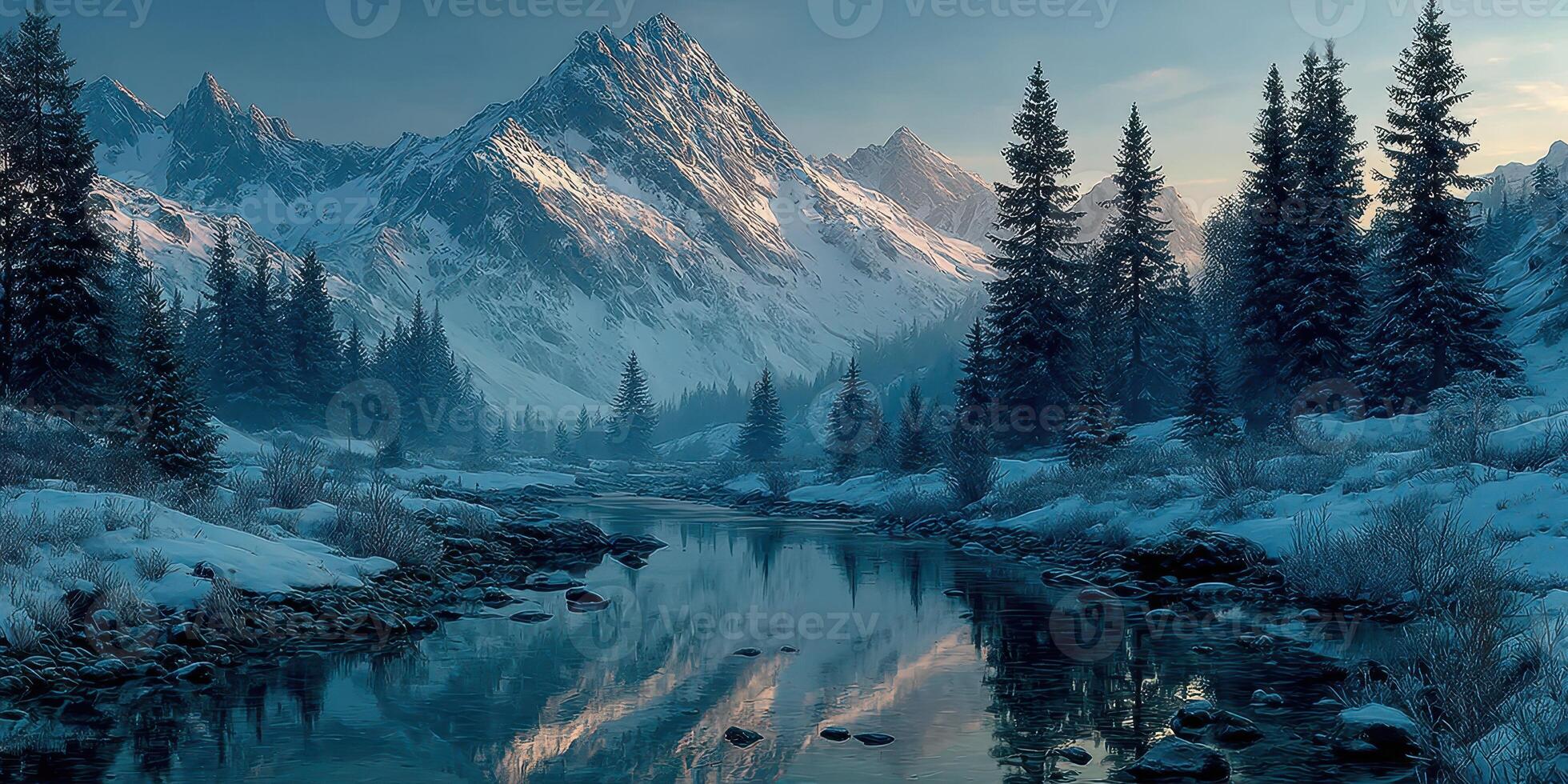 Winter landscape showcasing mountains, evergreen trees, and a tranquil river during twilight hours photo