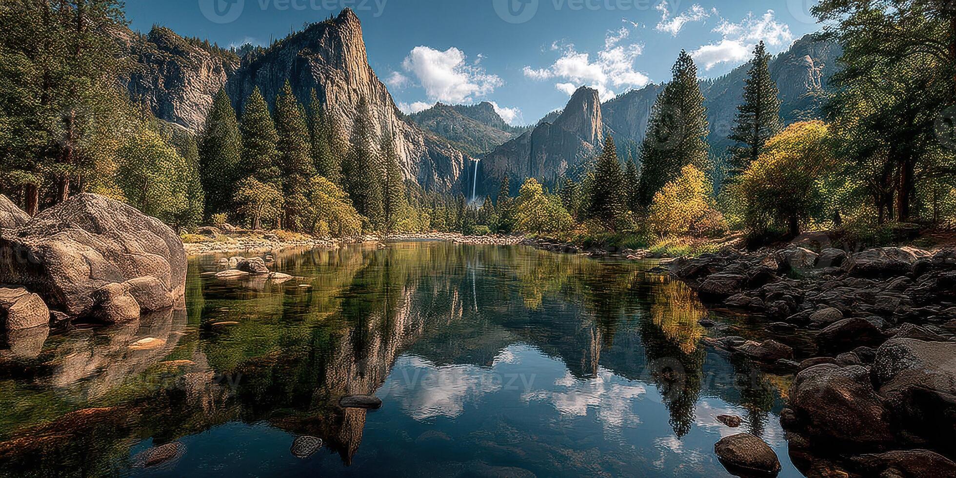 Breathtaking reflection of mountains in still water at Yosemite National Park in autumn photo