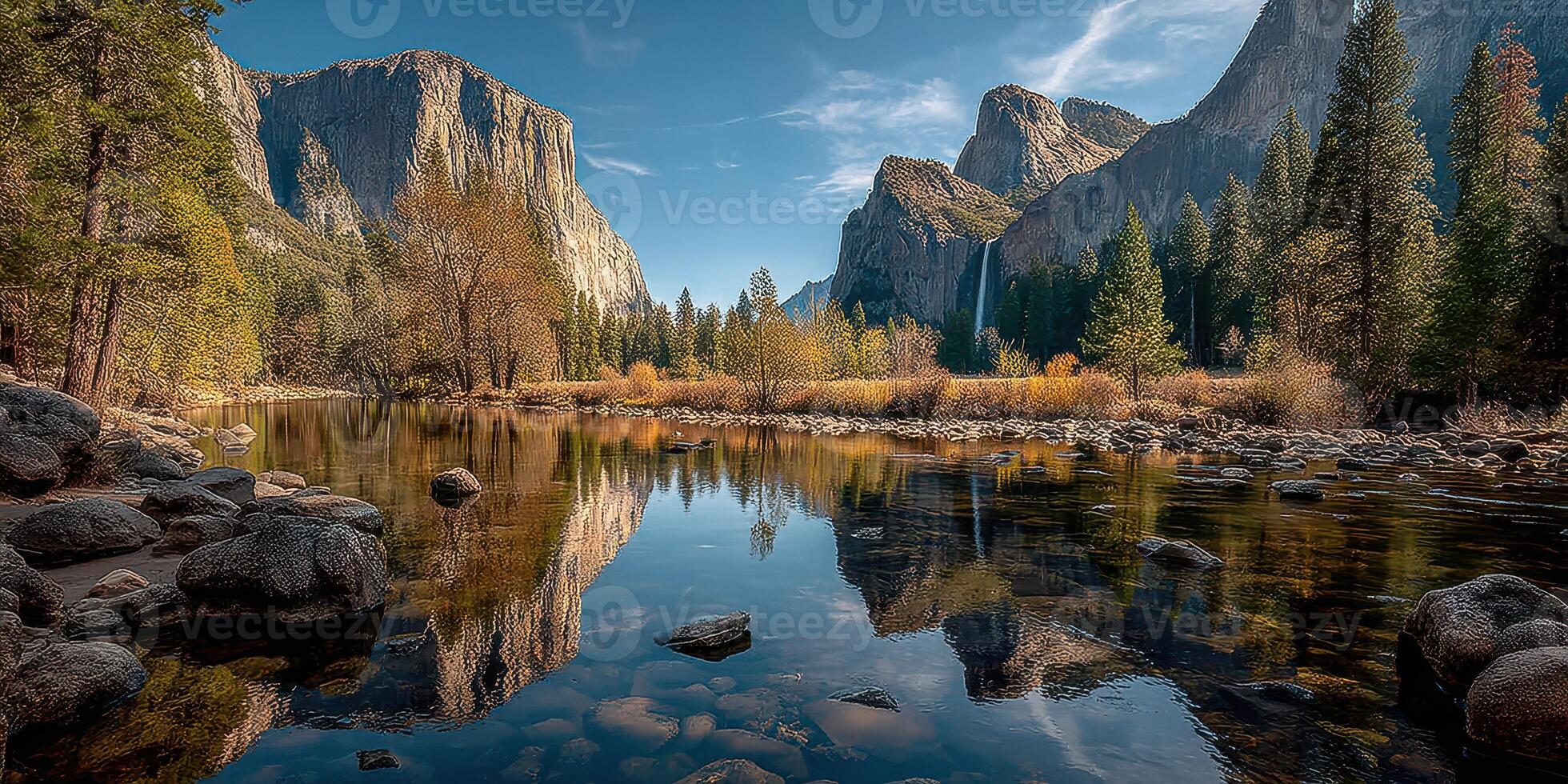 Scenic view of Yosemite National Park with stunning rock formations and a calm river reflecting the autumn landscape photo