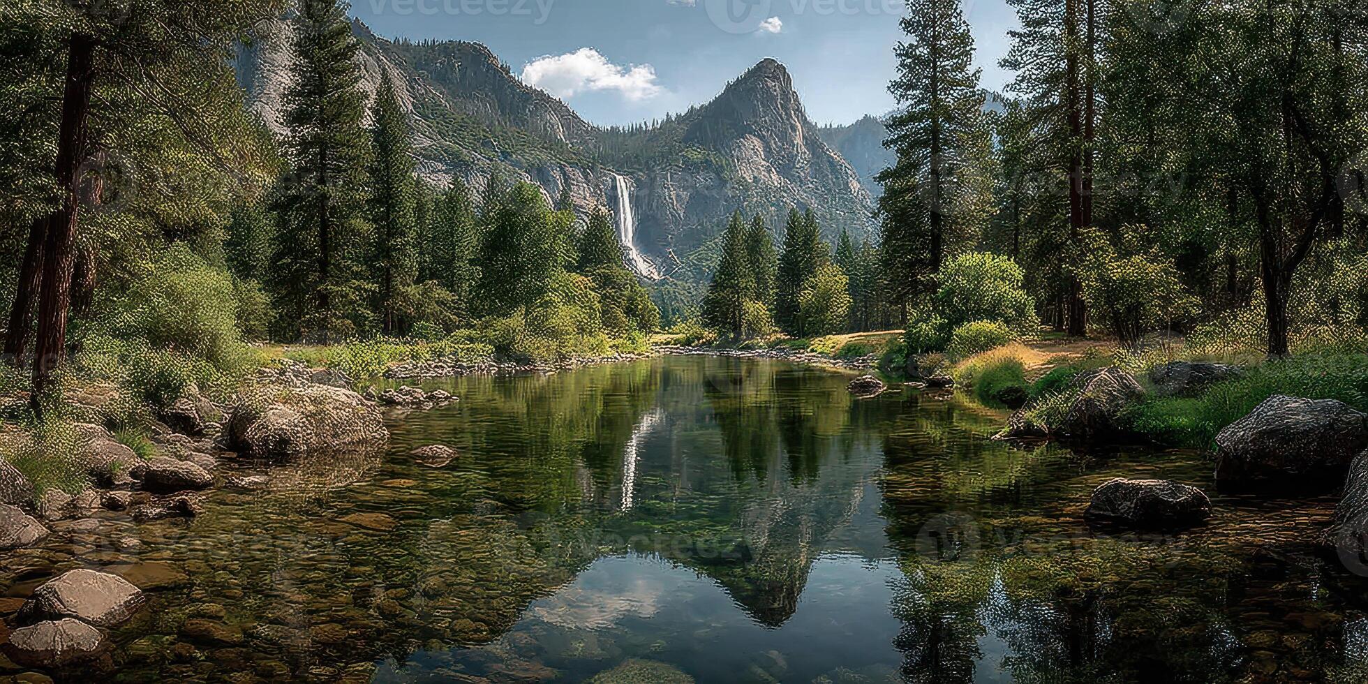 Serene river reflecting mountains and lush trees under a clear sky in a tranquil nature setting photo