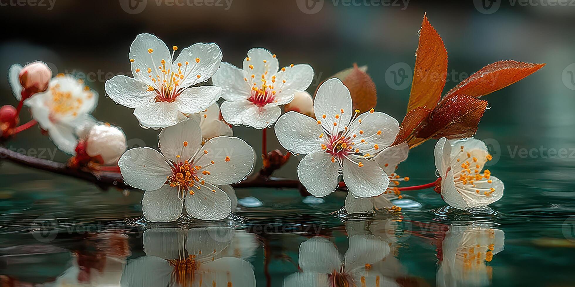 Cherry blossoms floating gracefully on water's surface in a serene natural setting during springtime photo