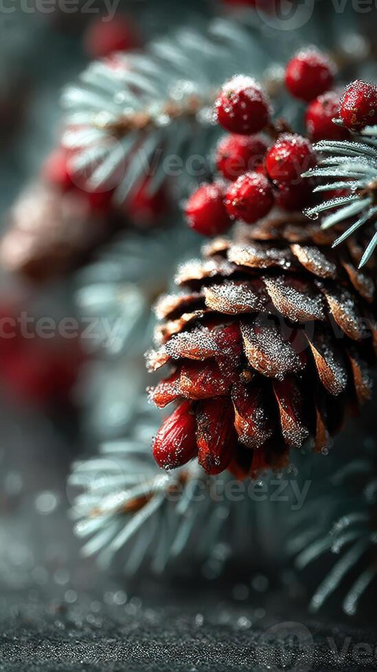 Pine cone and red berries covered in frost with evergreen branches in soft focus during winter season photo
