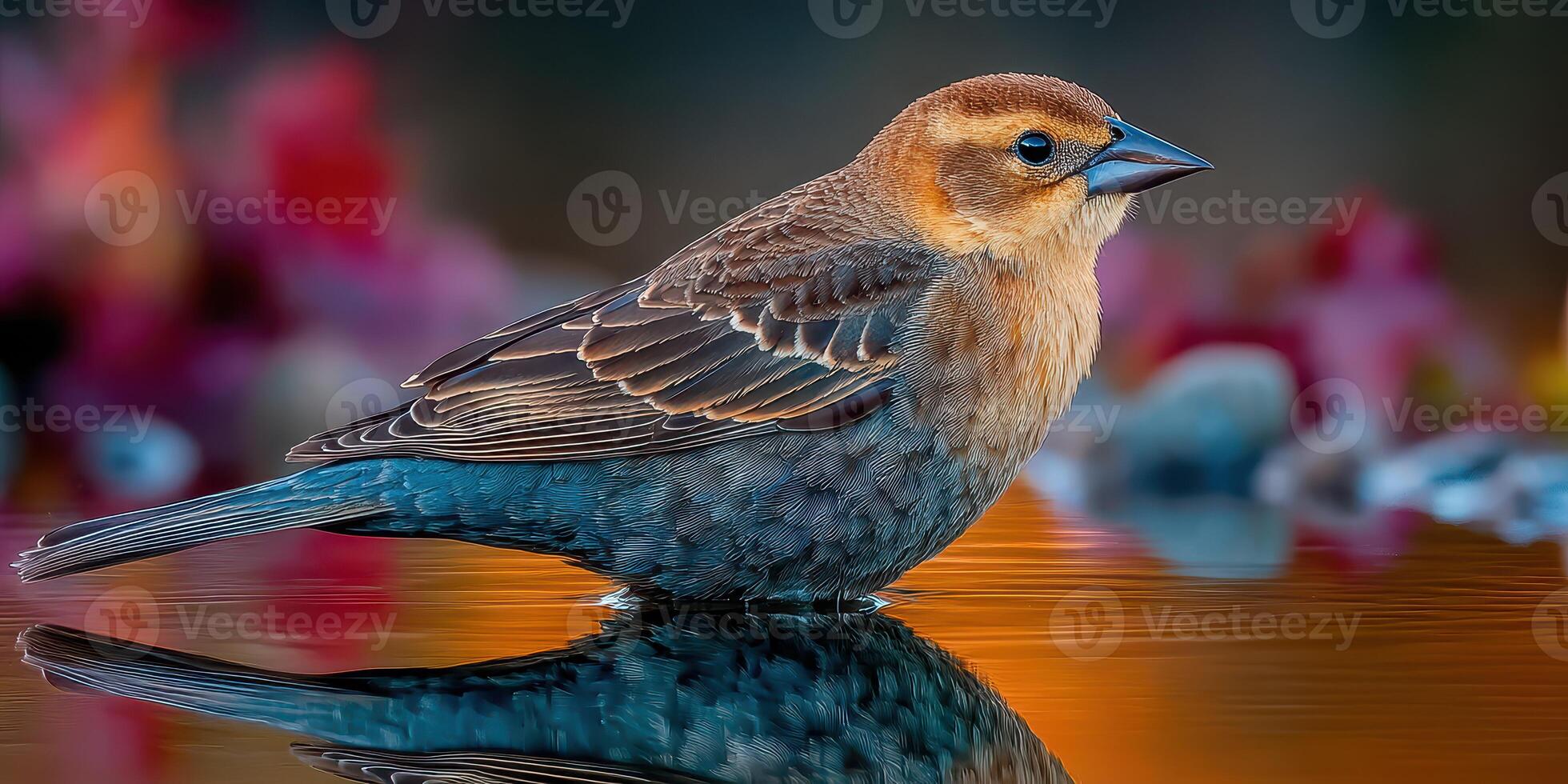 Brown-headed bird standing by tranquil water reflecting colorful foliage in serene natural setting during golden hour photo
