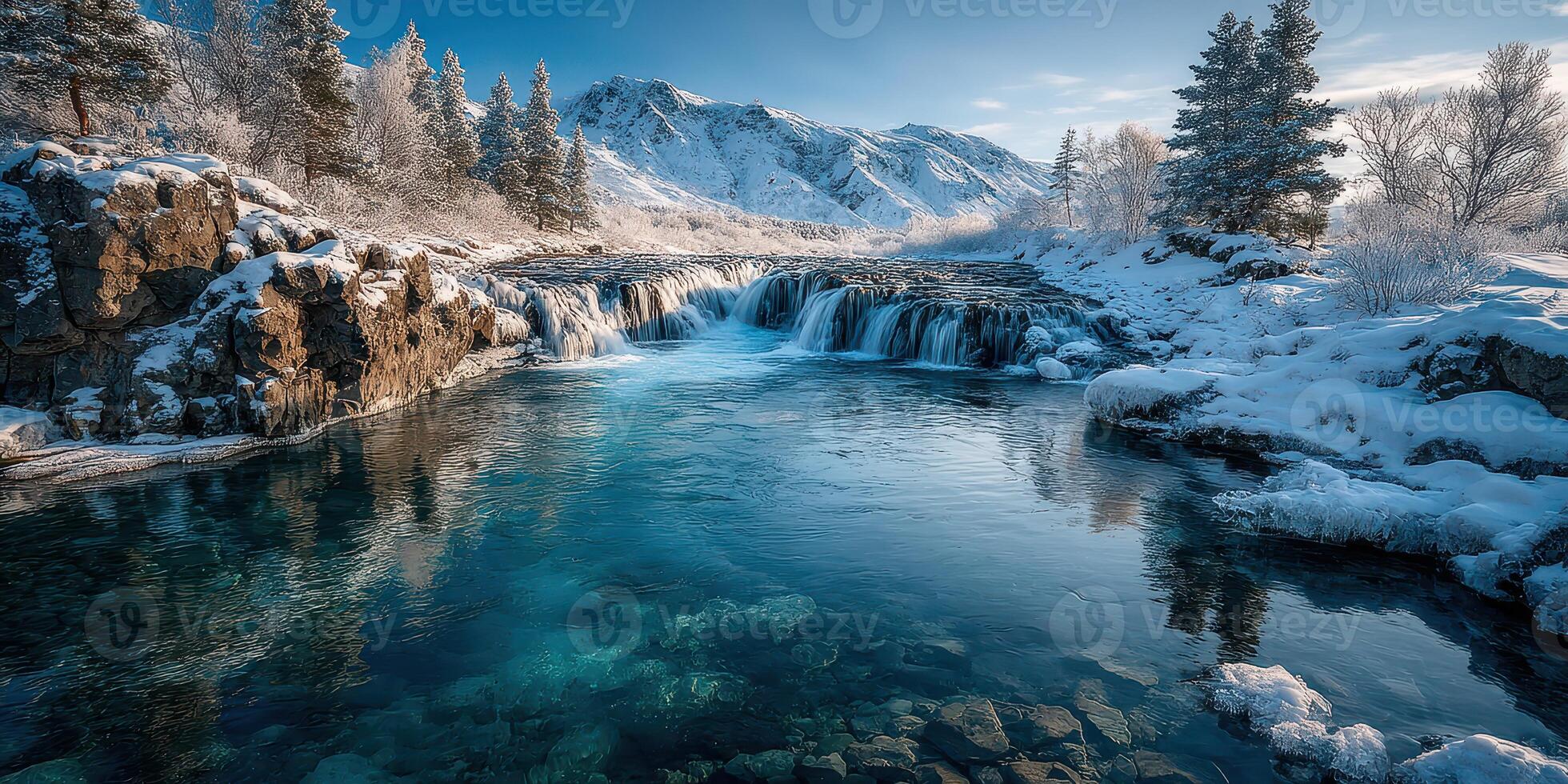 Winter wonderland features a serene river with frozen waterfalls and snow-covered mountains under a clear blue sky photo