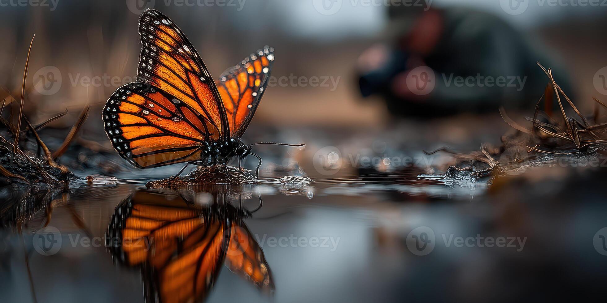 Butterfly perched near water with photographer capturing details at a serene outdoor location during a cloudy day photo