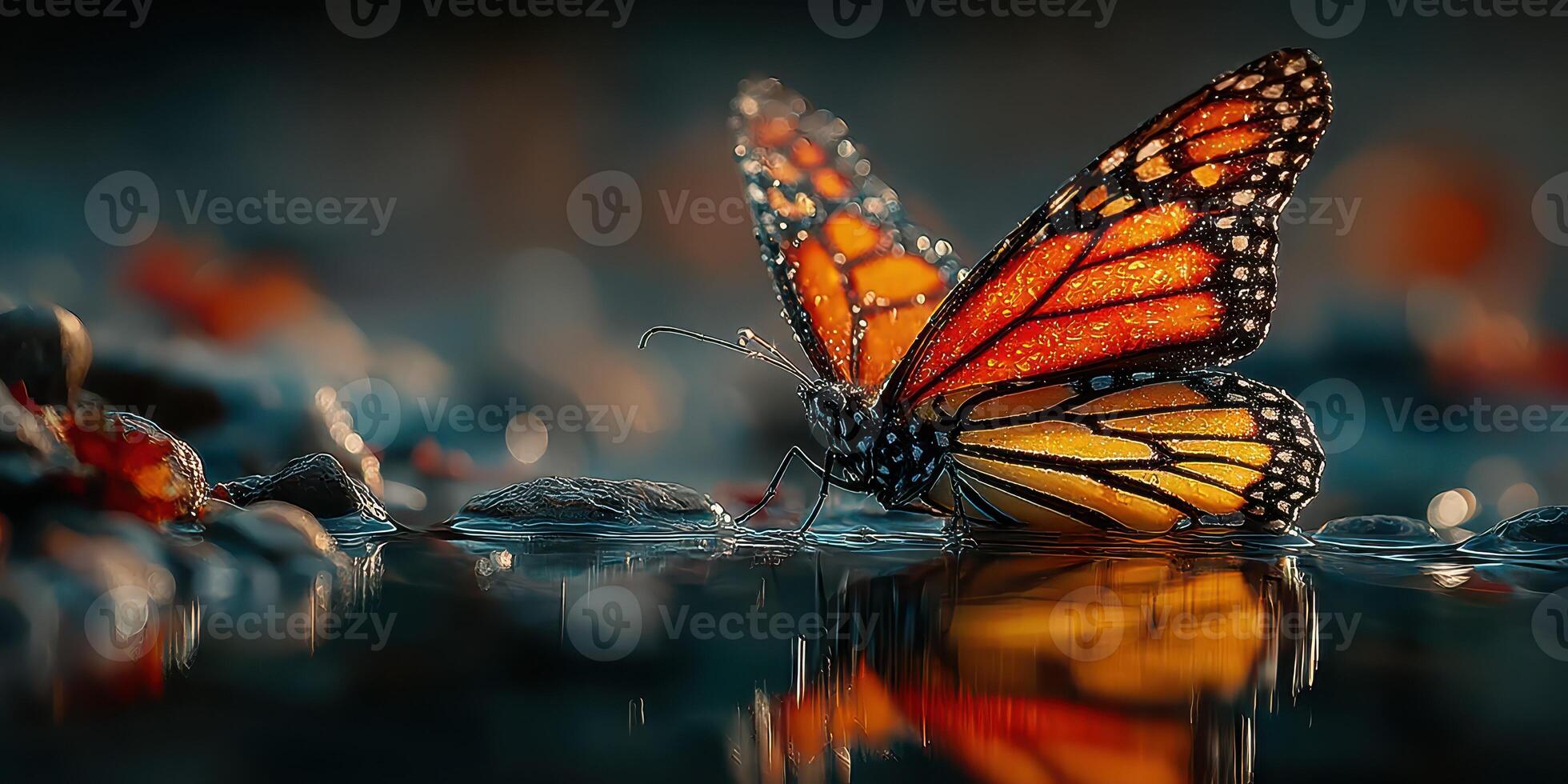 Monarch butterfly resting by water in a serene natural setting during golden hour photo