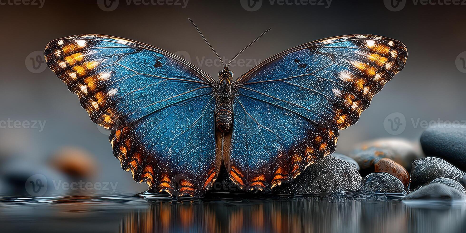 Bright blue butterfly perched on smooth stones by water at dawn in a tranquil natural setting photo
