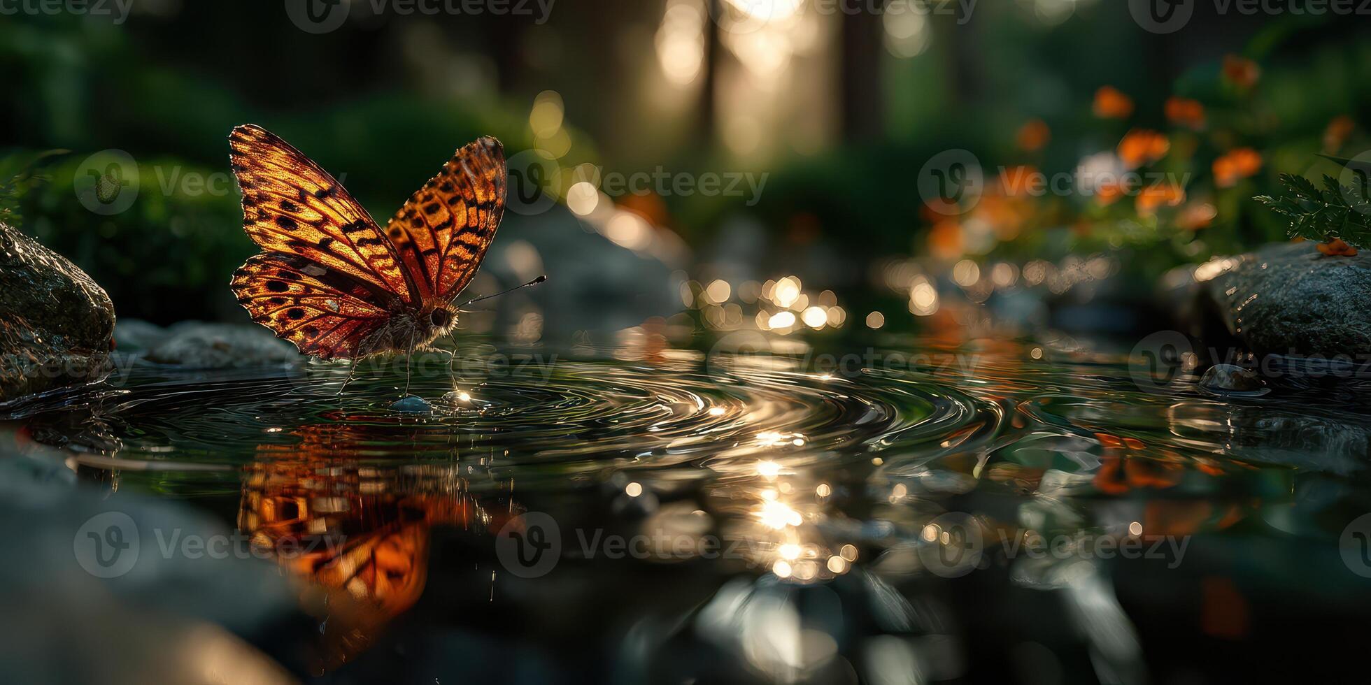 Butterfly delicately perched on water surface reflecting sunlight in serene natural setting photo