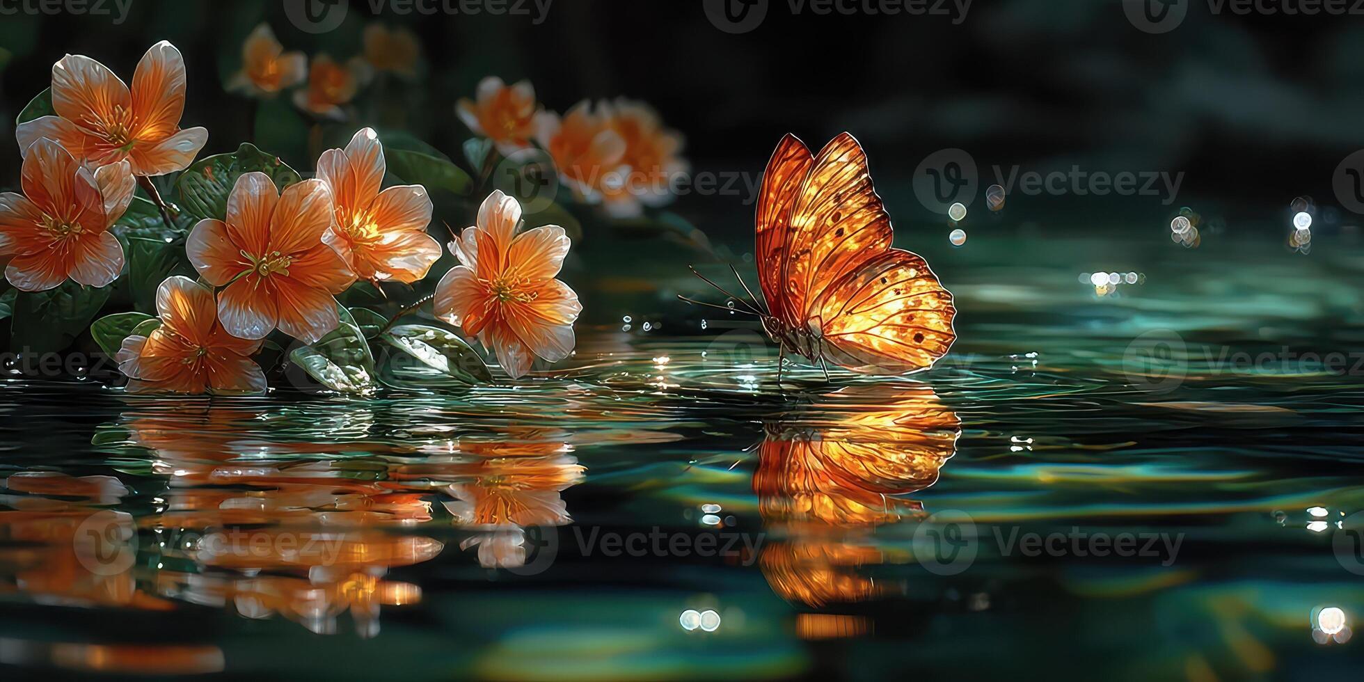 Vibrant orange butterfly rests on water surface near blooming flowers in a tranquil garden setting during a sunny afternoon photo