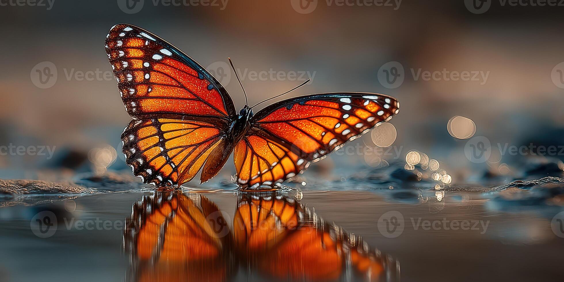 Vibrant butterfly resting on water reveals its stunning colors during golden hour photo