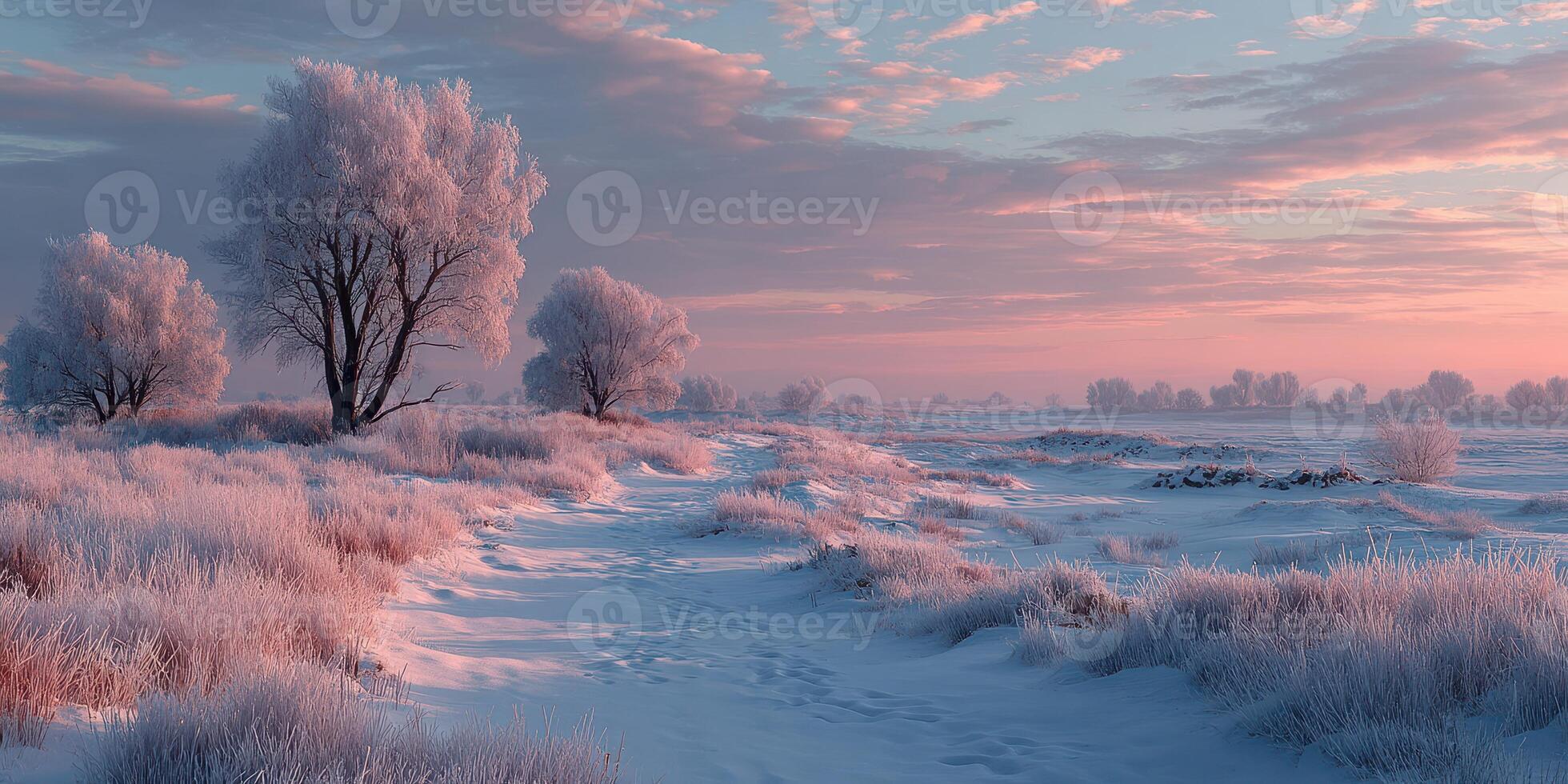 Winter landscape with frosty trees and pastel sky during sunset near a snow-covered pathway photo