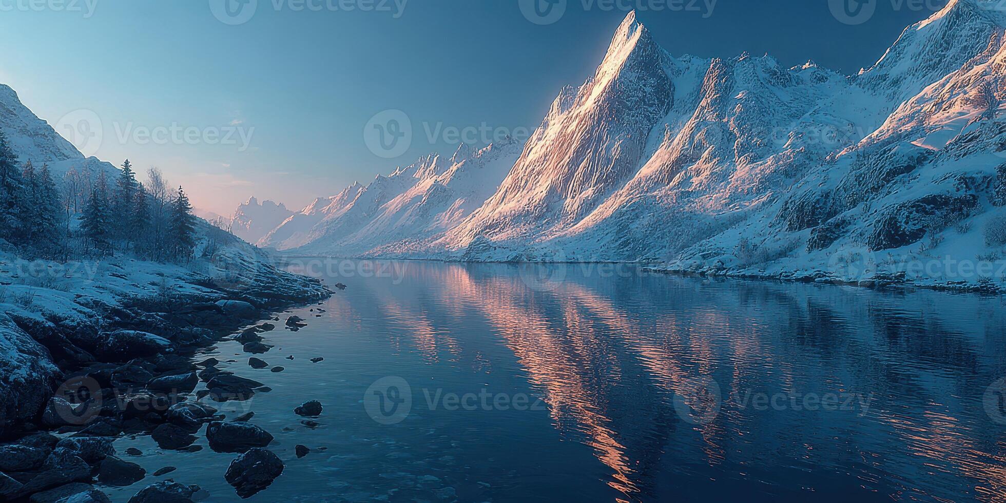 Majestic snow-capped mountains reflecting in serene waters during twilight at a tranquil fjord landscape photo