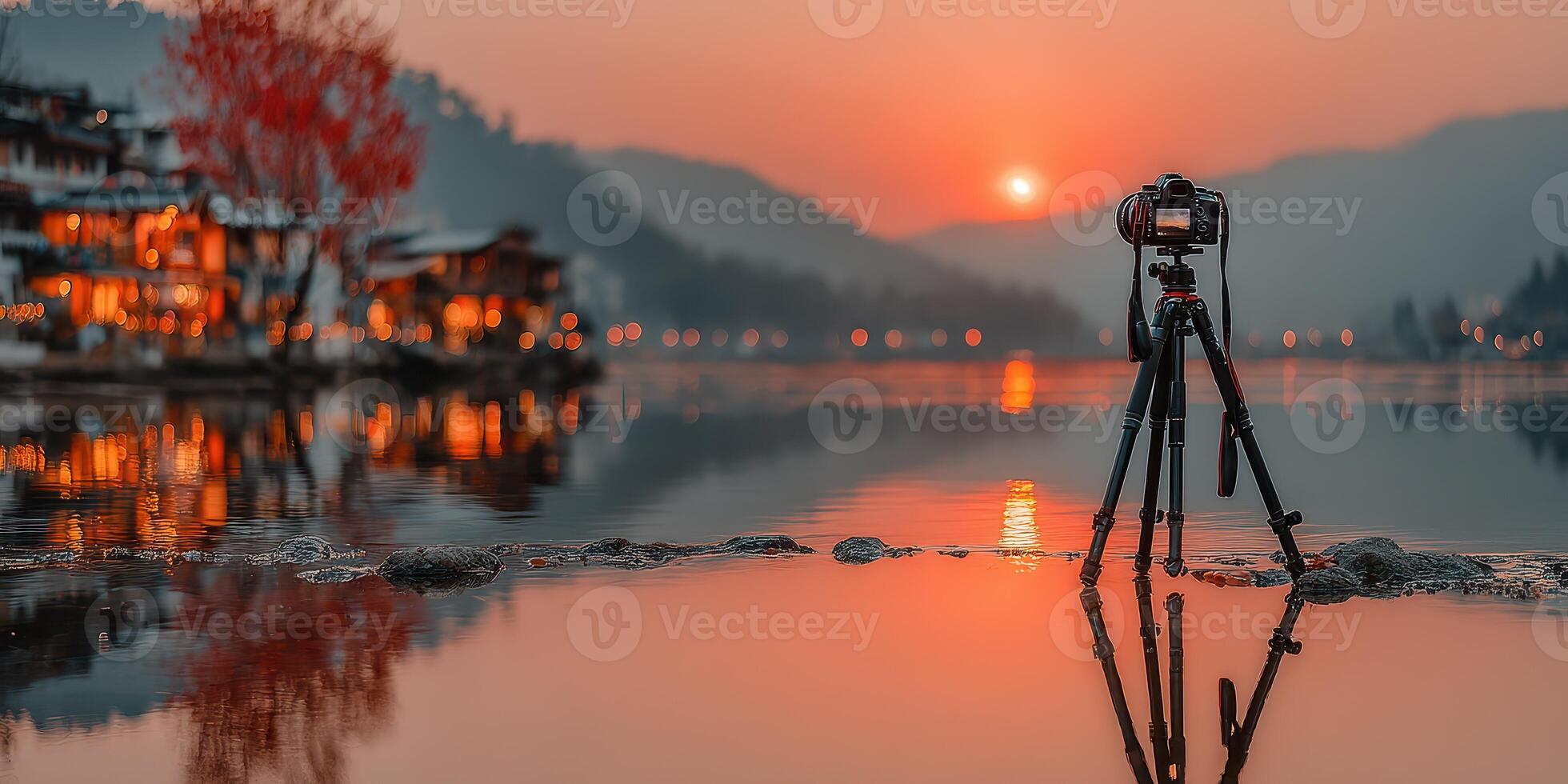Landscape photograph capturing a sunset over a tranquil lake with reflections and a camera on a tripod photo