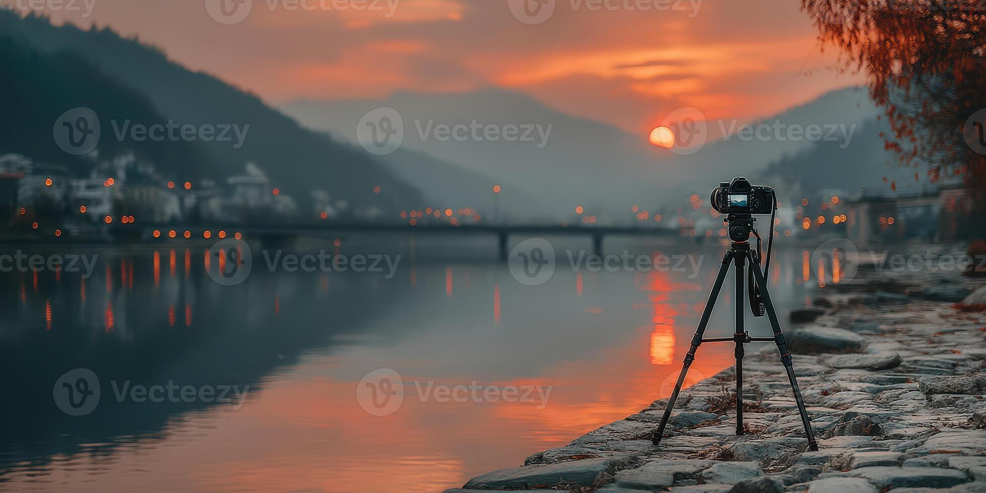 Sunset landscape captured with a camera on a tripod by the riverside with hills in the background photo