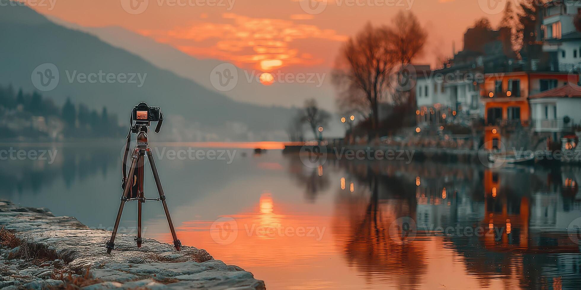 Sunset photography session by the lake with tranquil reflections and a picturesque backdrop of quaint buildings photo