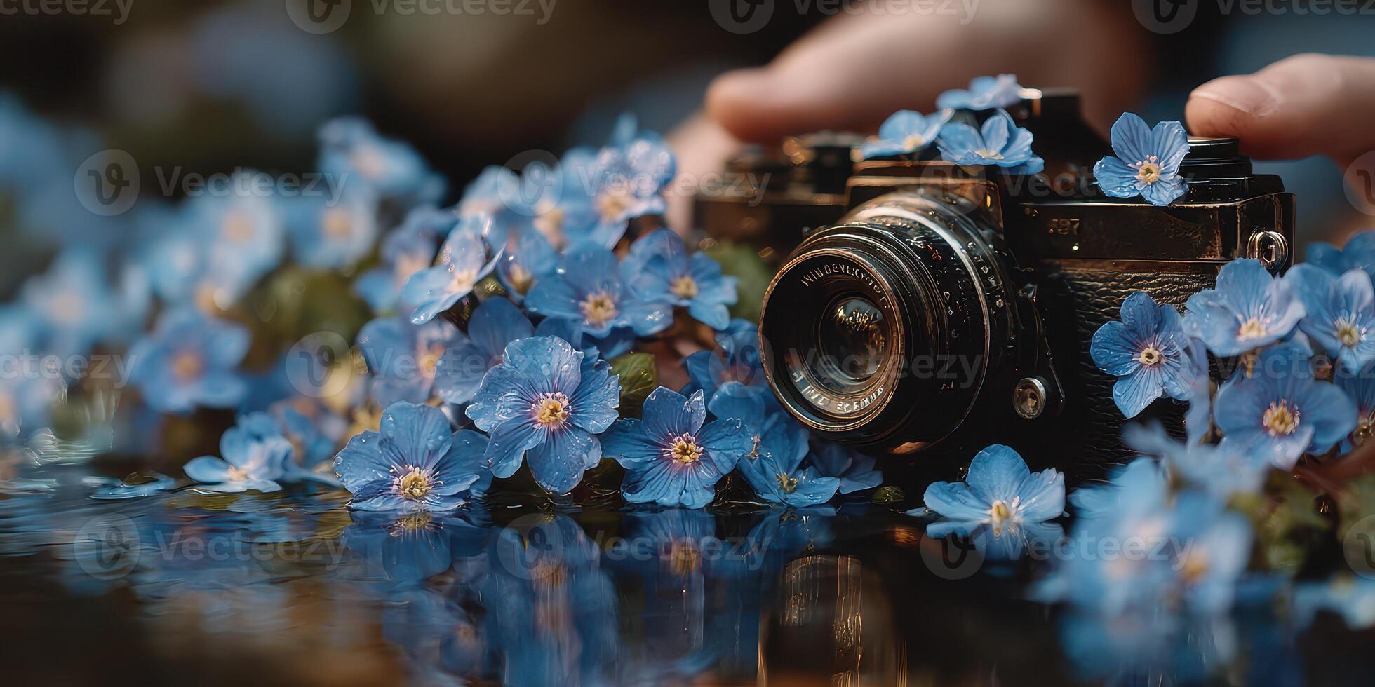 Camera surrounded by blue flowers on a reflective surface capturing the beauty of nature in a tranquil setting photo