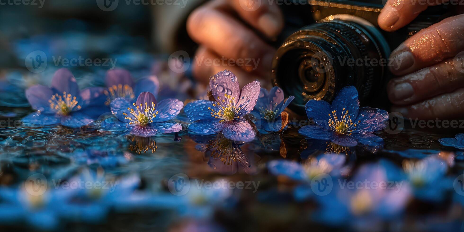 Photographer capturing blue flowers in a tranquil water setting during early morning light photo