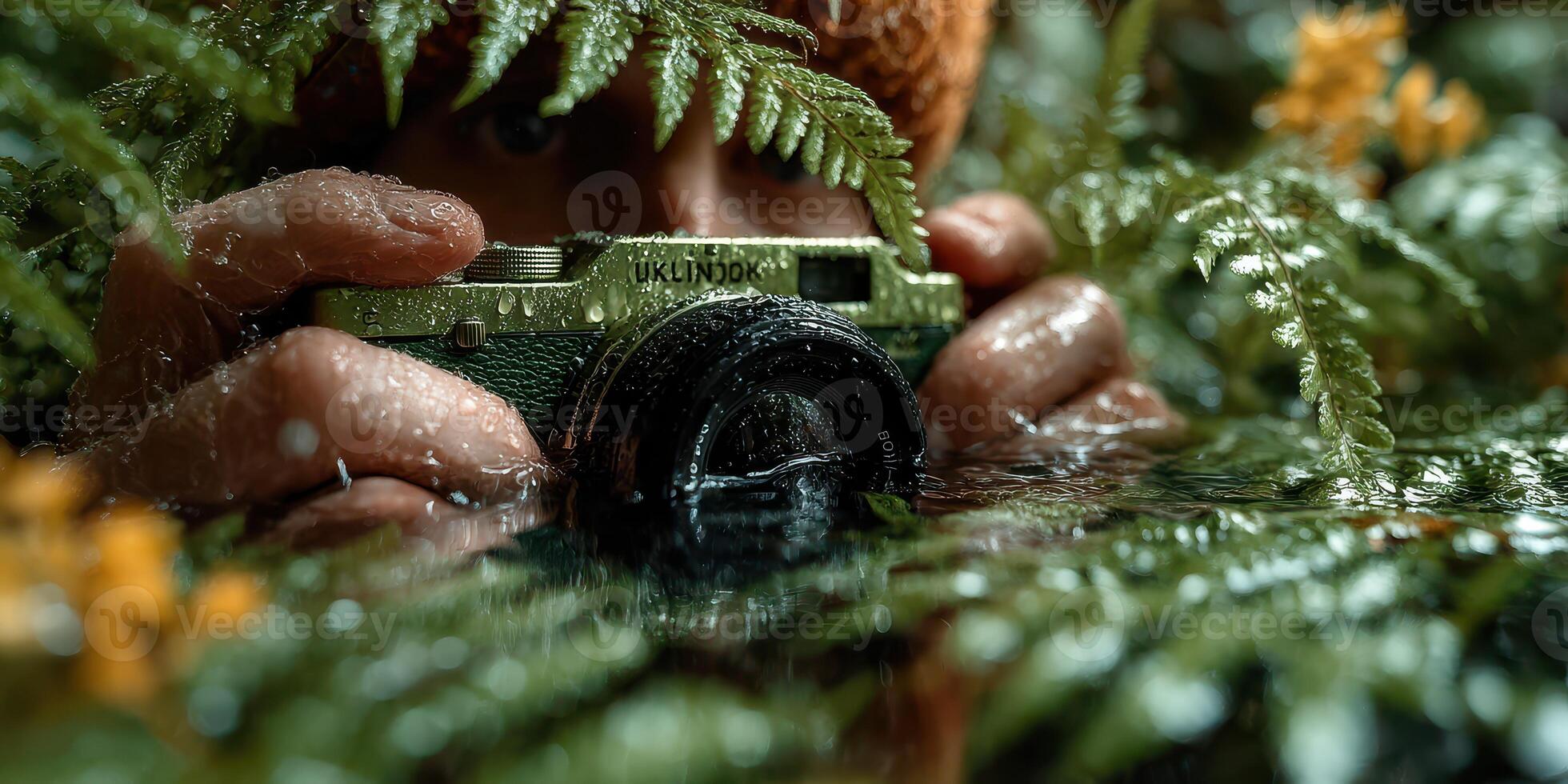 Capturing nature's beauty during rainfall with a camera hidden among ferns and flowers in a lush environment photo