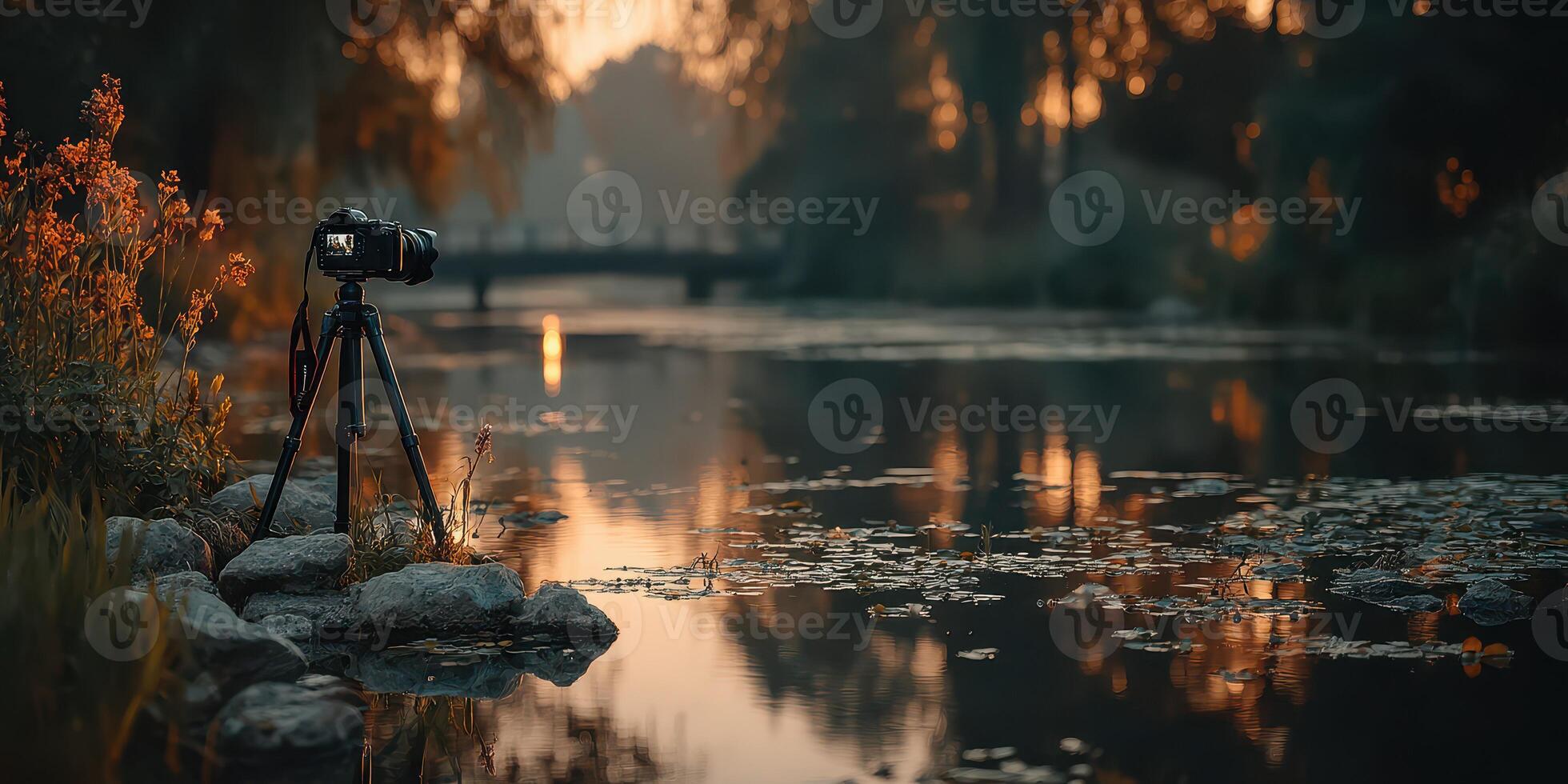 Tranquil riverside evening with a camera set on a tripod at sunset near a wooden bridge photo