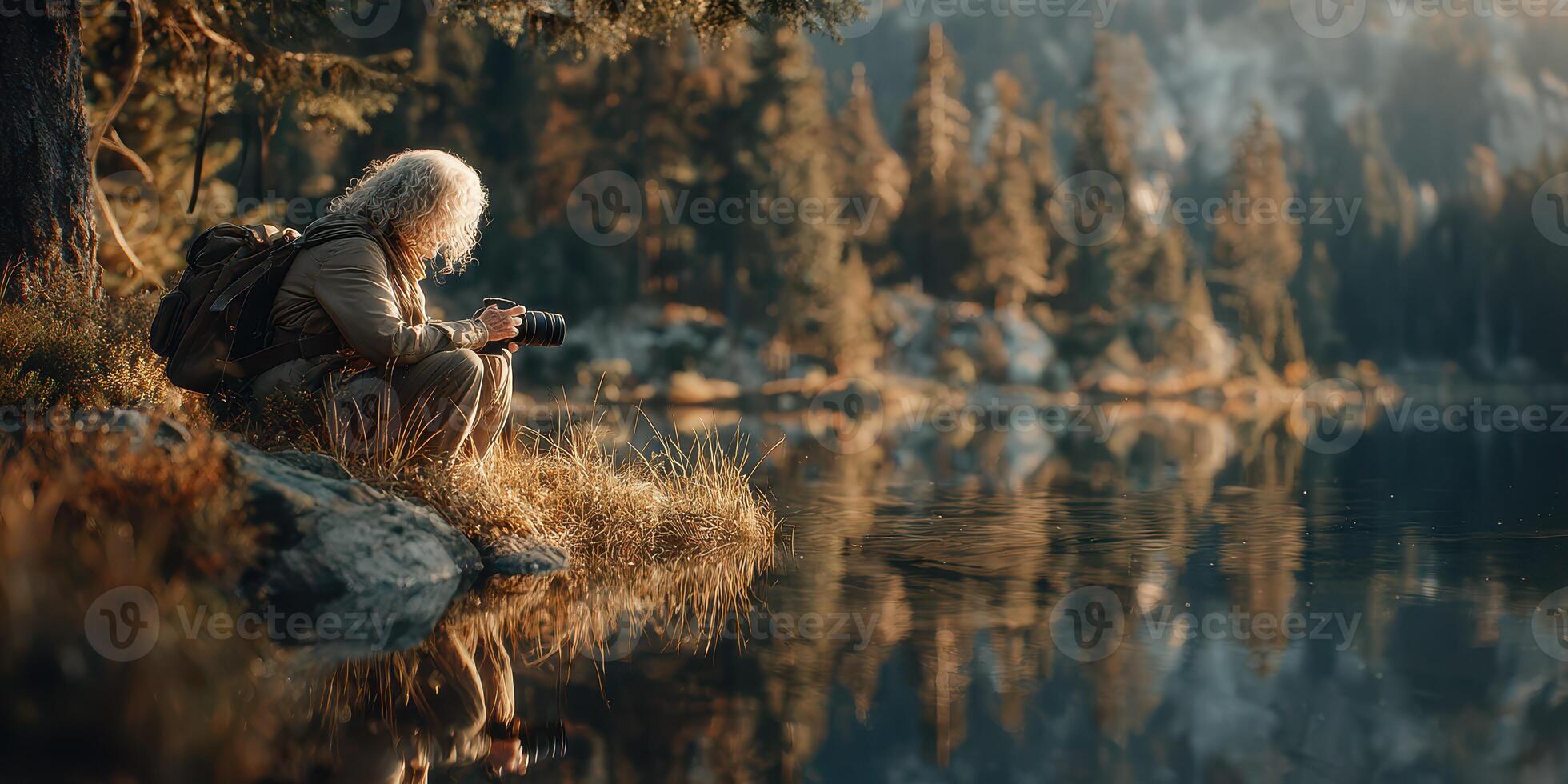 Photographer capturing reflections while sitting by a serene mountain lake during golden hour photo