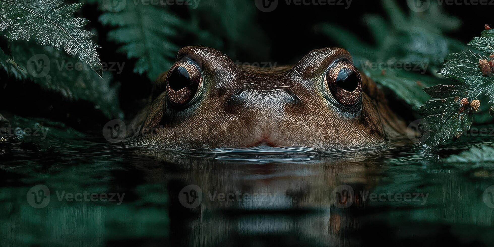Frog peeking through lush greenery at the edge of a calm pond during a serene afternoon in nature photo