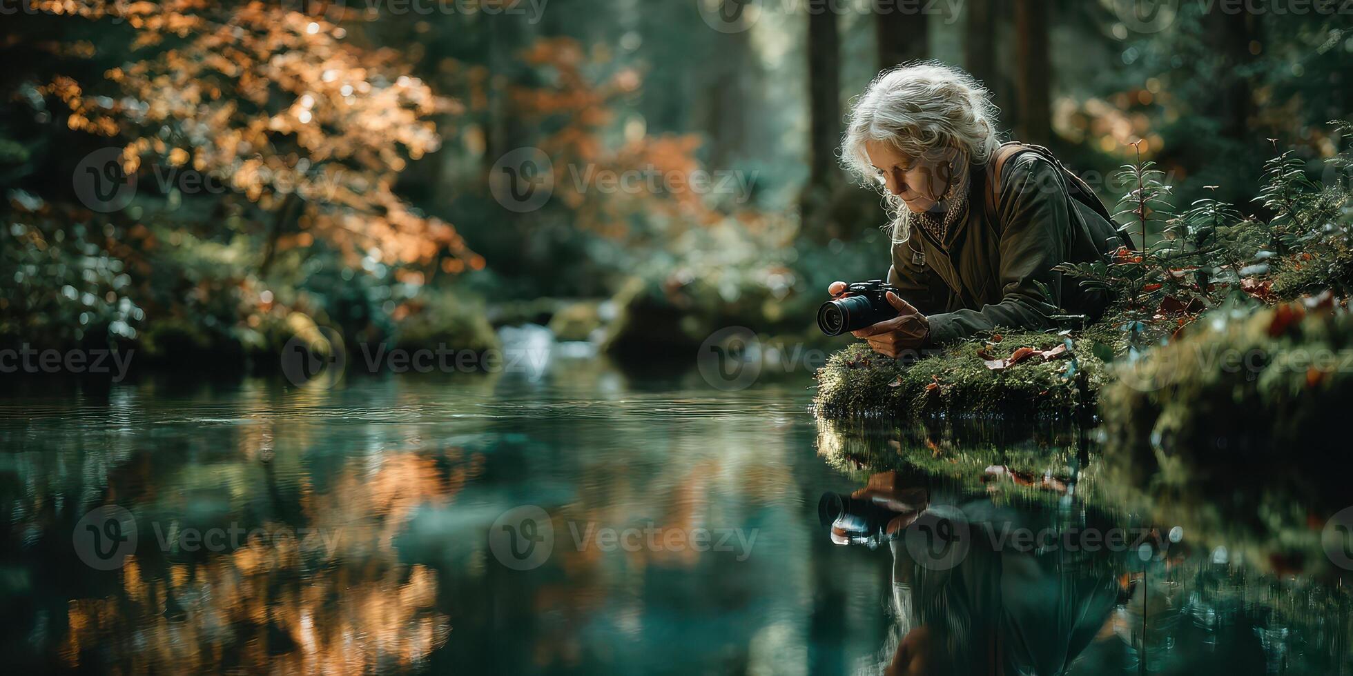 Photographer captures serene landscape beside tranquil river during autumn afternoon in a forested area photo