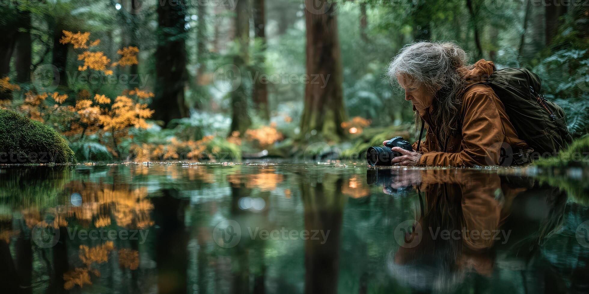Photographer captures nature's beauty in tranquil forest by a serene pond during golden hour photo