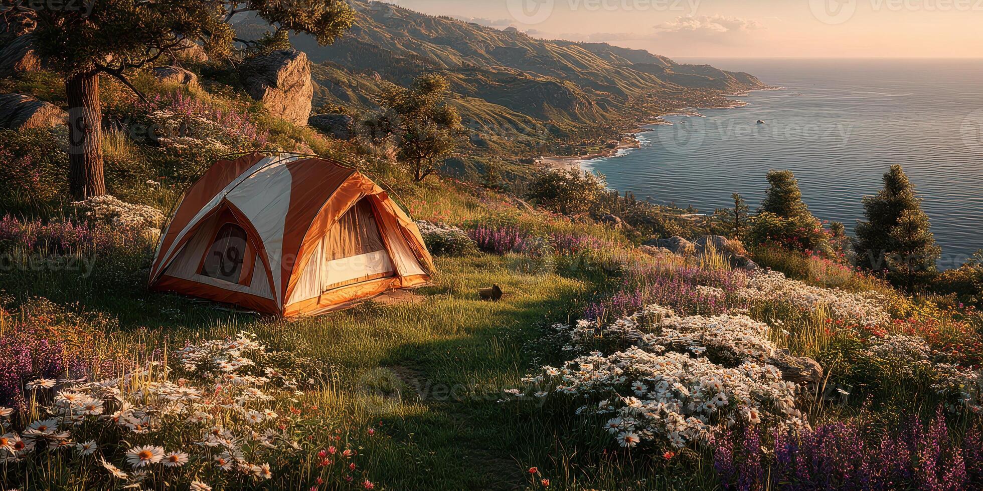 Camping on a hillside overlooking the ocean during golden hour with colorful wildflowers all around photo