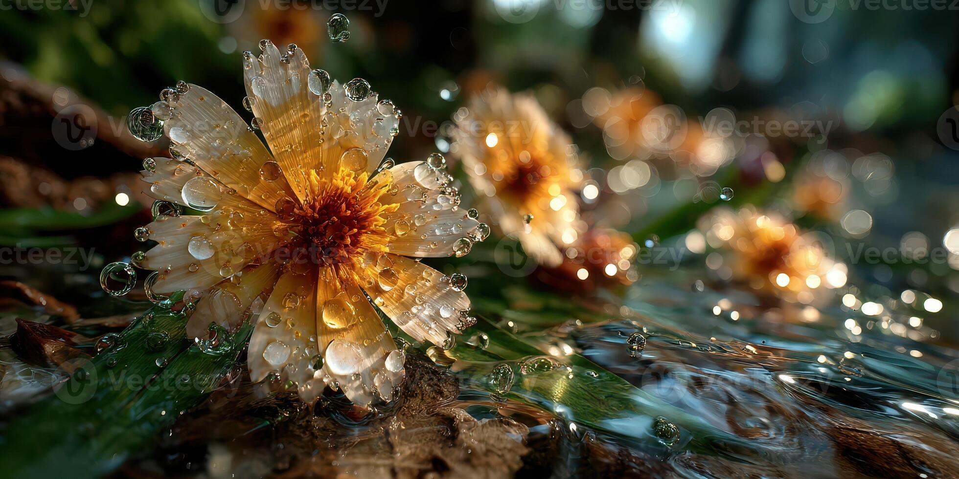 Close-up of vibrant orange flowers with water droplets sparkling in morning sunlight near a stream in a serene garden setting photo
