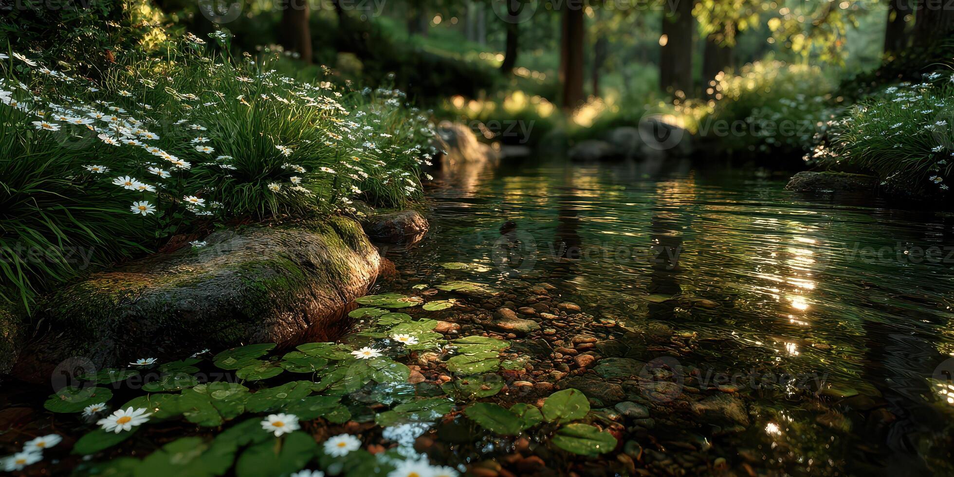 Sunlight sparkles on a serene forest creek surrounded by wildflowers and lush greenery in early morning light photo