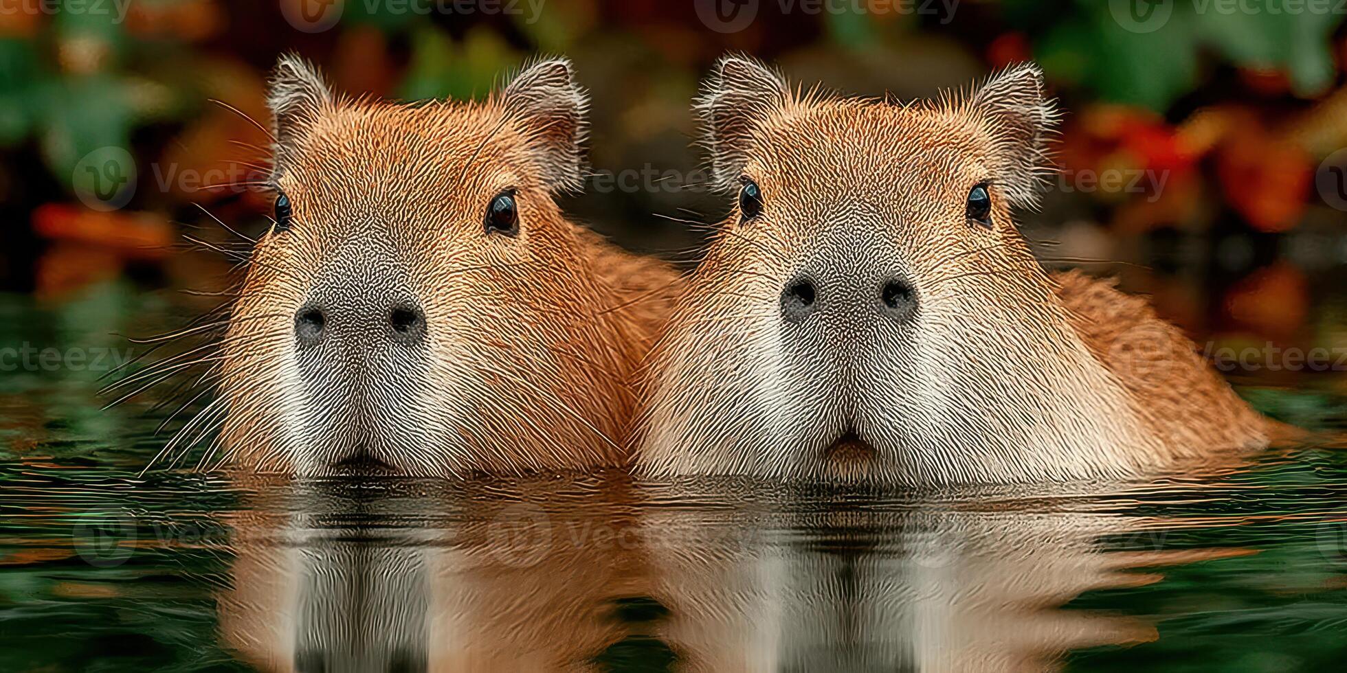 Two capybaras partially submerged in a quiet lake surrounded by vibrant foliage during a sunny afternoon photo
