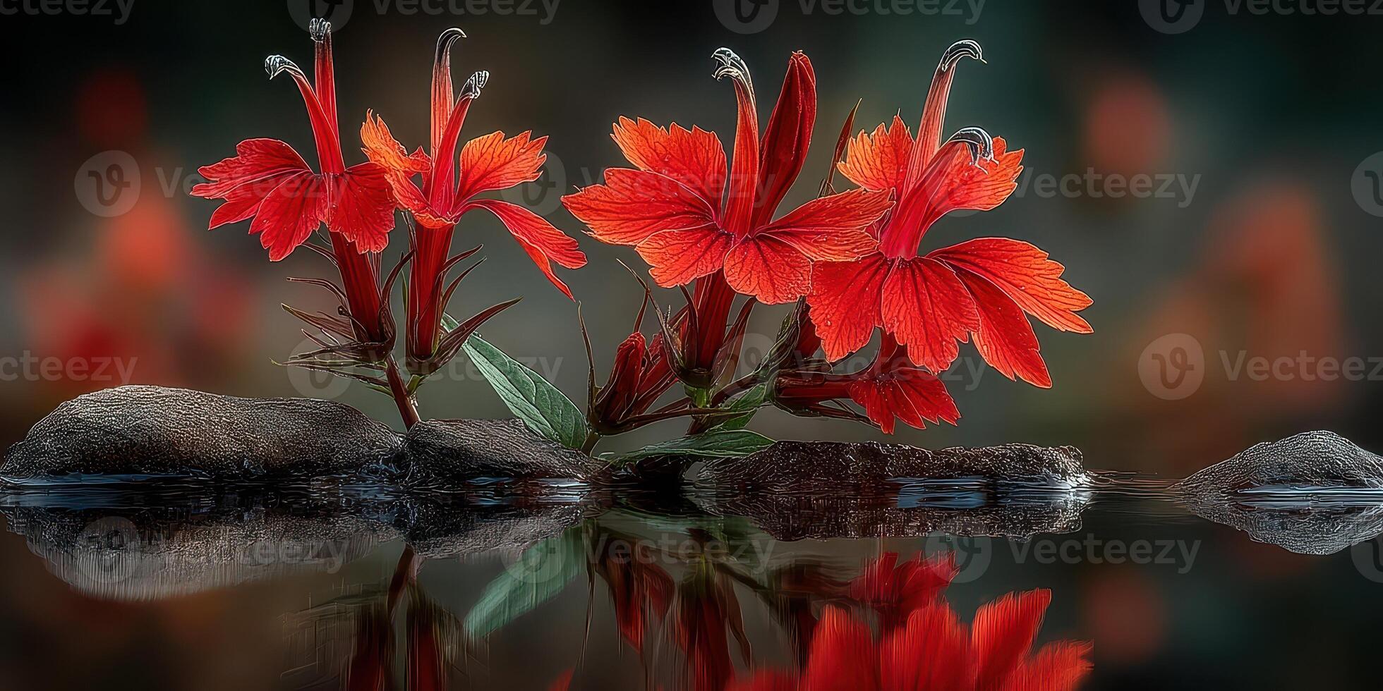 Vibrant red flowers bloom gracefully on smooth stones in a serene water setting during a tranquil afternoon photo