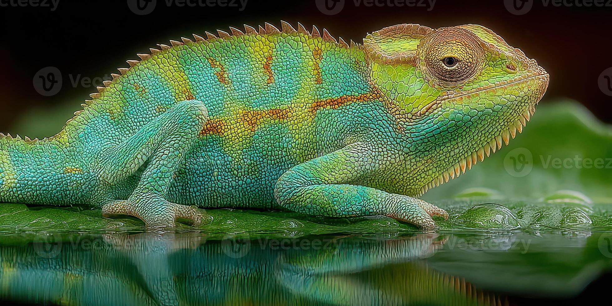 Chameleon resting on a leaf with vibrant colors reflecting in still water at a tropical rainforest habitat photo