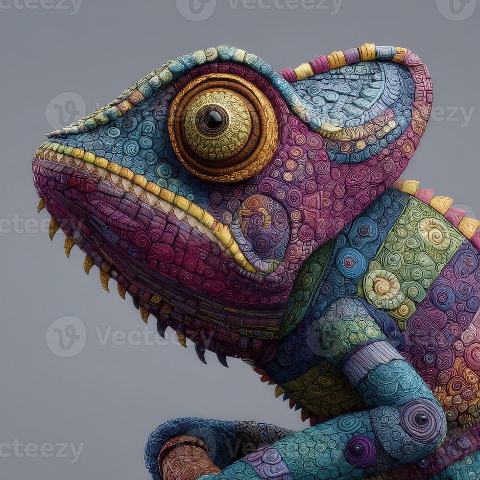 Colorful chameleon sculpture made of intricate patterns displays vibrant design elements and artistic craftsmanship photo