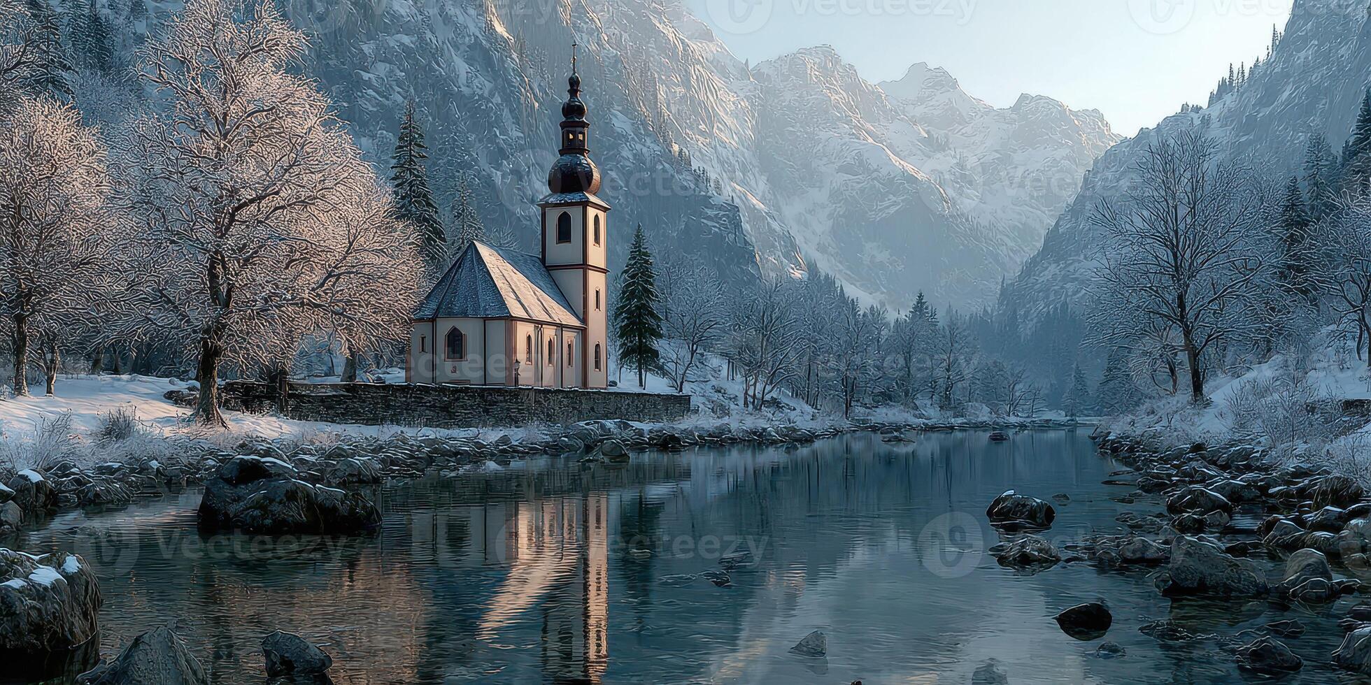 Winter landscape with a quaint church by a tranquil river in the mountains at dawn photo