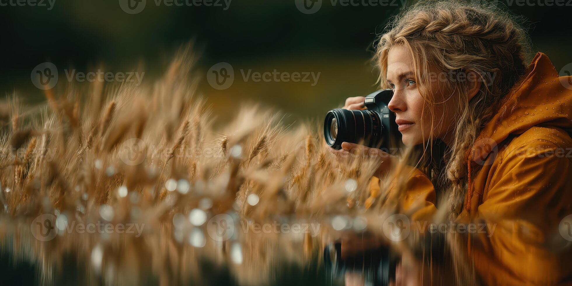 Young woman capturing nature's beauty with a camera by a serene lake during golden hour in an autumn landscape photo