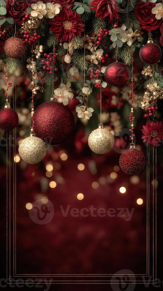 Decorative holiday ornaments and flowers create a festive backdrop for winter celebrations in a cozy indoor setting photo