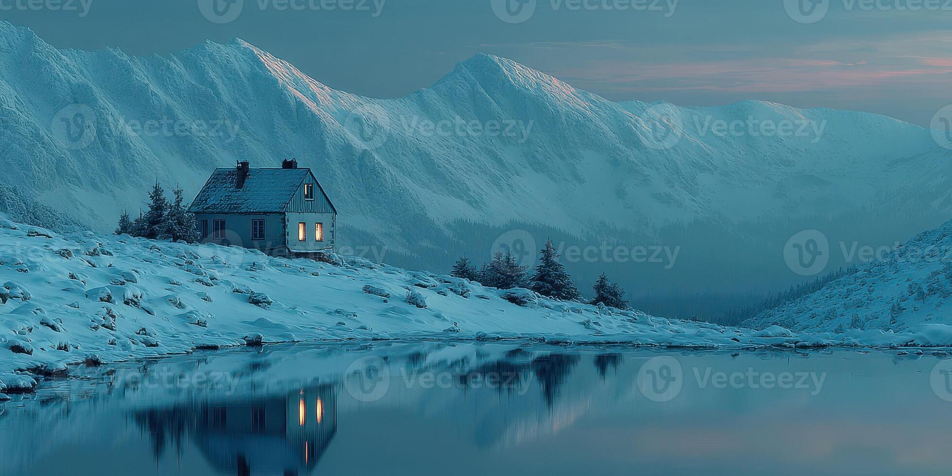 Serene winter landscape featuring a secluded cabin by a reflective lake with snow-covered mountains at dusk photo