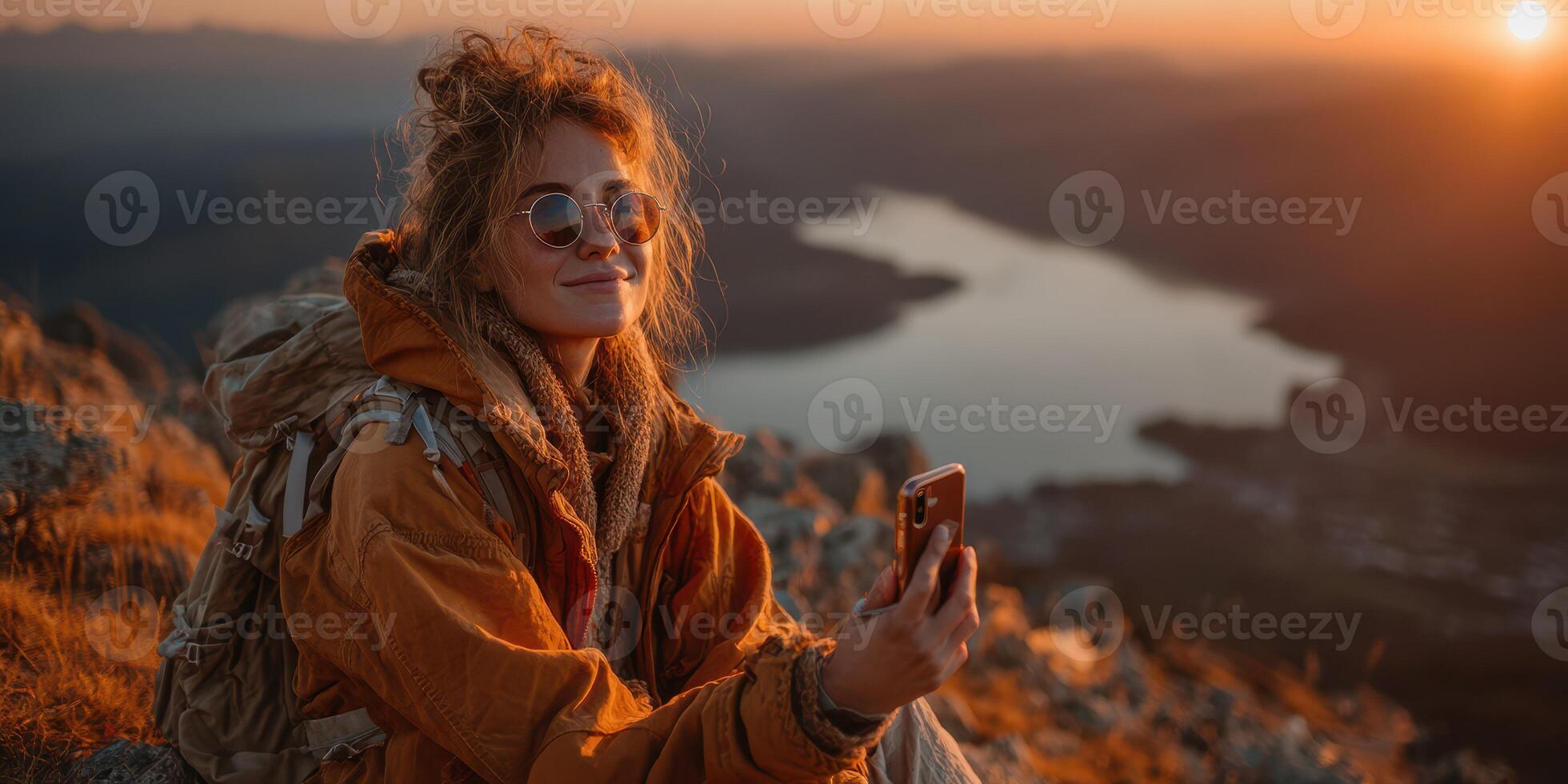 Young woman enjoying sunset on mountain while taking selfie with friendly smile and scenic lake view in background photo