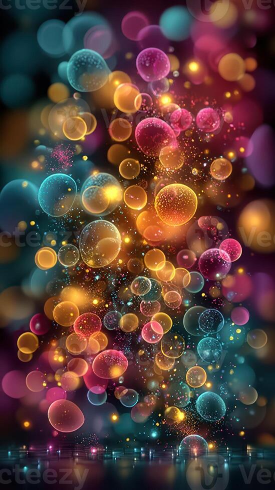 Colorful bubbles create a vibrant display of light and movement in a dreamlike setting during the evening photo