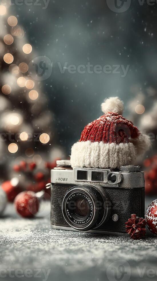 Vintage camera adorned with a festive red and white hat surrounded by holiday decorations in a cozy setting photo