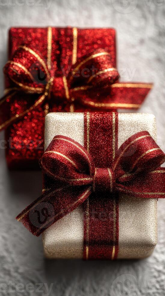 Colorful holiday gift boxes with shimmering ribbons on textured surface for festive season celebration photo