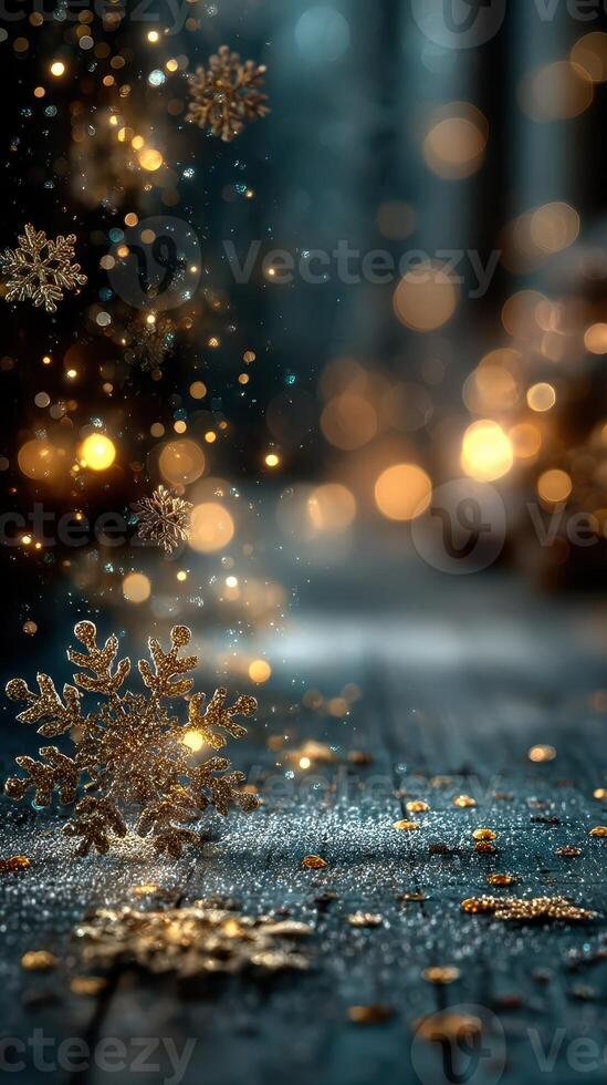 Magical winter scene with sparkling snowflakes and glowing lights in a cozy atmosphere photo