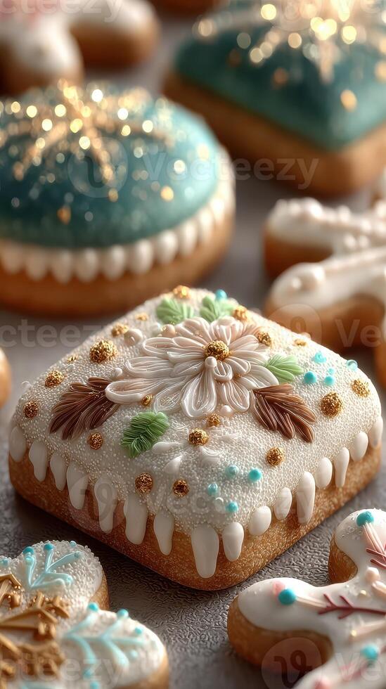 Beautifully decorated festive cookies showcasing intricate designs and colorful icing elements photo