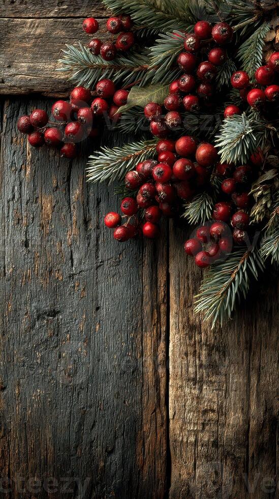 Festive decoration of red berries and pine on rustic wooden background in winter season photo