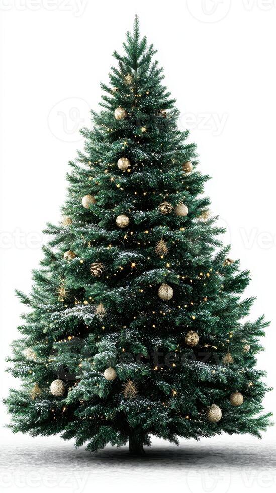 Beautifully decorated Christmas tree with golden ornaments glowing in a festive setting during winter season photo