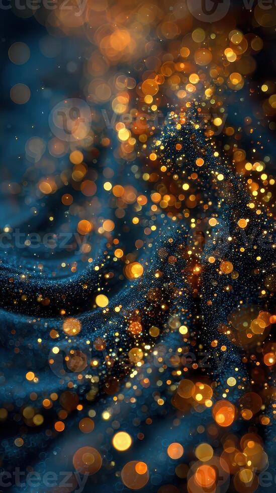 Vibrant golden particles dance over a deep blue background creating an enchanting abstract display in a mystical ambiance photo