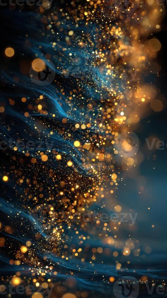 Swirling golden particles in a vibrant blue background creating a mesmerizing abstract display of light and movement photo