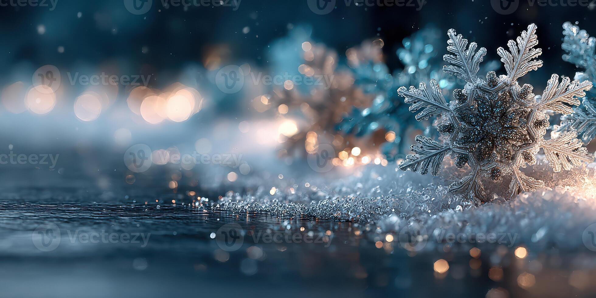 Delicate frost patterns glisten on a reflective surface during a winter evening photo